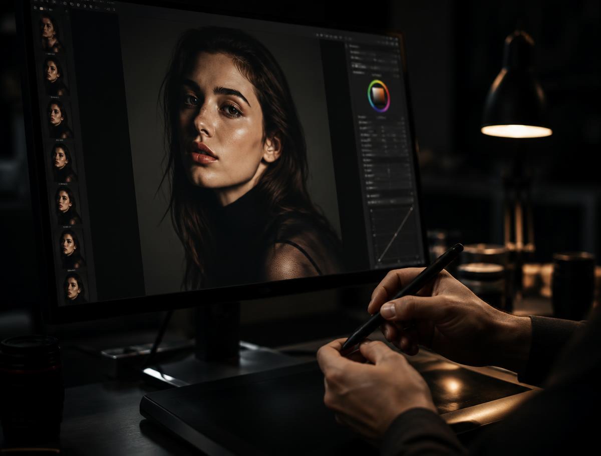 Retoucher grading a portrait on a monitor in a dark studio