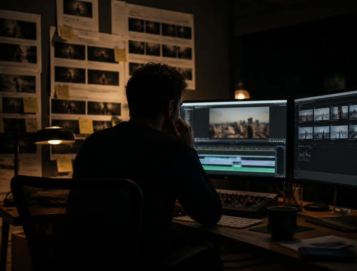 Editor reviewing a long timeline on two monitors