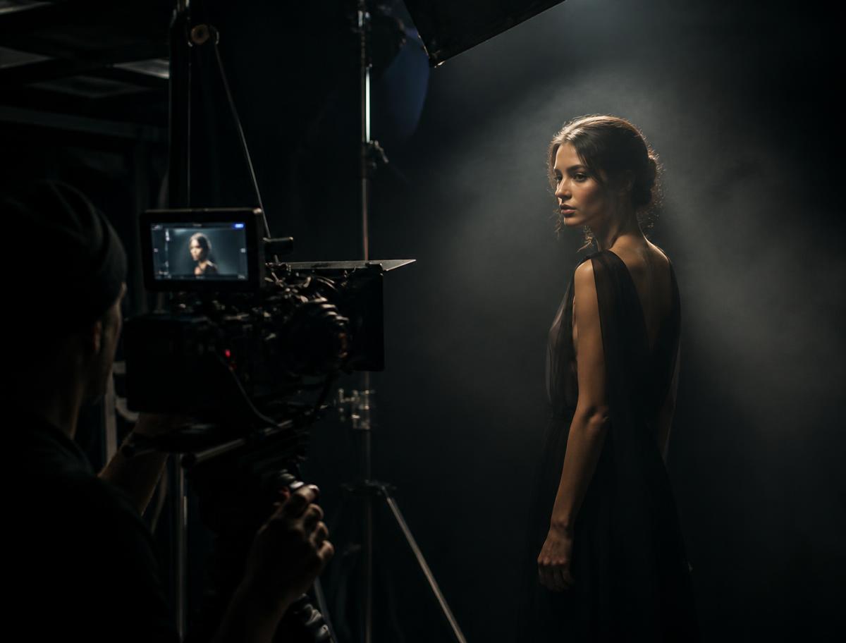 A cinema camera lit on a dark production set