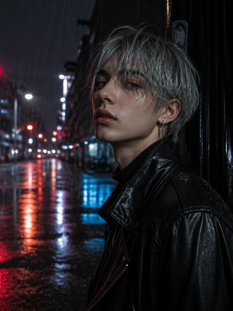 Portrait on a rain-soaked neon street at night