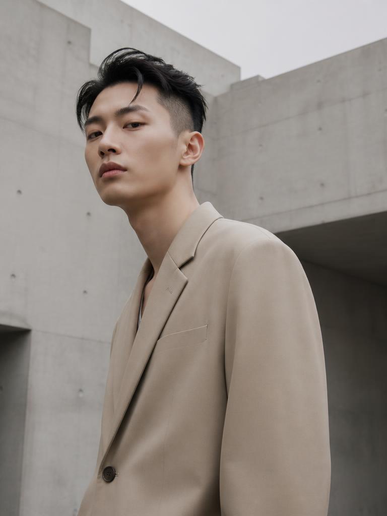 Model in a beige jacket in front of concrete architecture